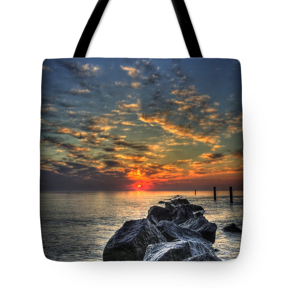 Reid Callaway Rocky Sunrise Tybee Island Tote Bag featuring the photograph Rocky Sunrise Tybee Island 2 by Reid Callaway