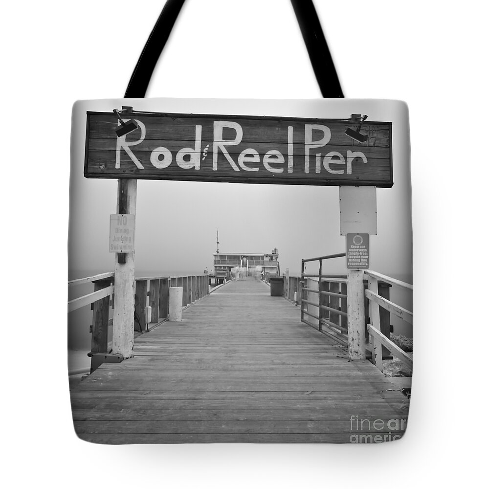 Rod And Reel Pier Tote Bag featuring the photograph Rod And Reel Pier in Fog in Infrared 53 by Rolf Bertram