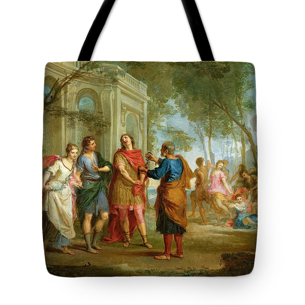 Roland Tote Bag featuring the painting Roland Learns of the Love of Angelica and Medoro by Louis Galloche