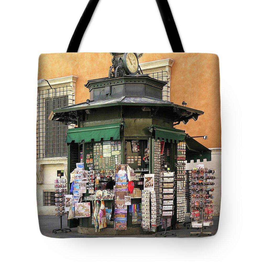 Rome Tote Bag featuring the photograph Roman News Stand by Dave Mills