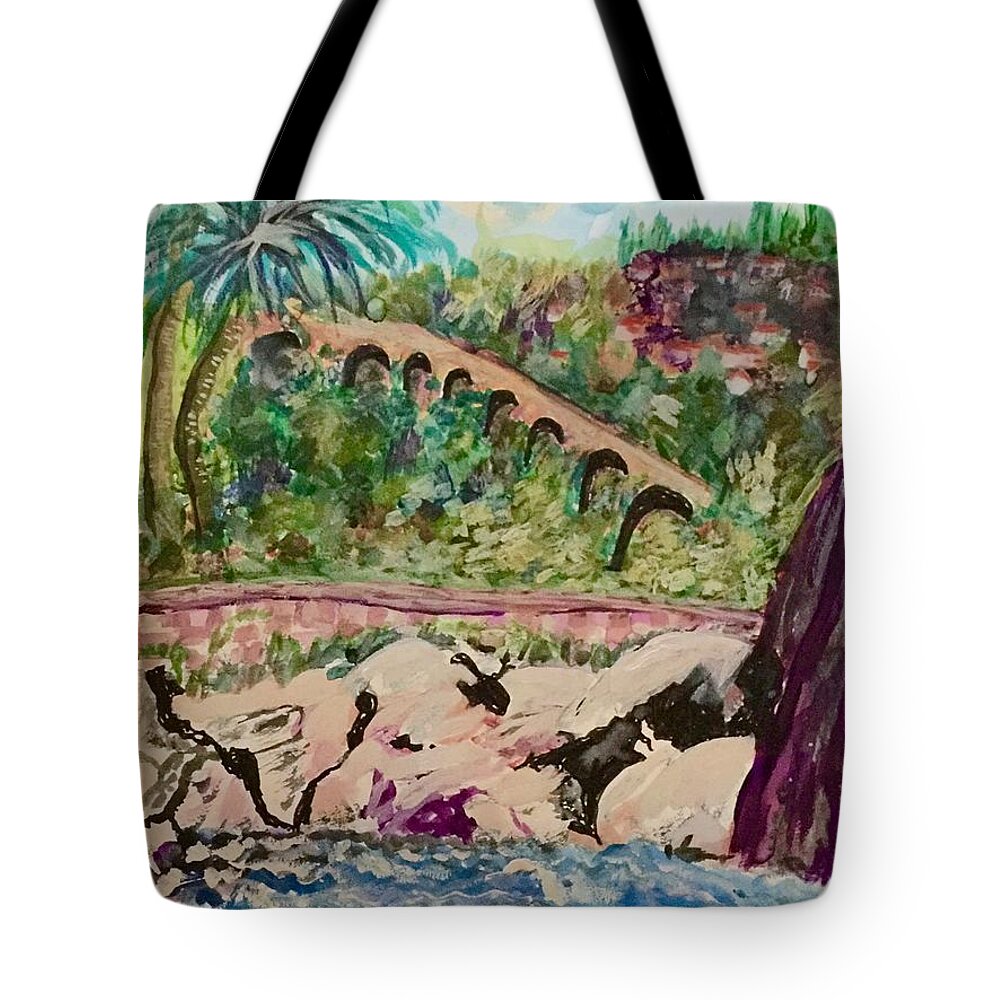 Roman Ruins Tote Bag featuring the painting Roman Ruins in Liguria, Italy by Kenlynn Schroeder