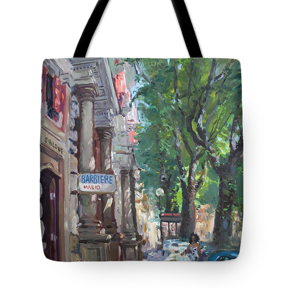 Rome At Barbiere Mario Tote Bag featuring the painting Rome a Small Talk By Barbiere Mario by Ylli Haruni