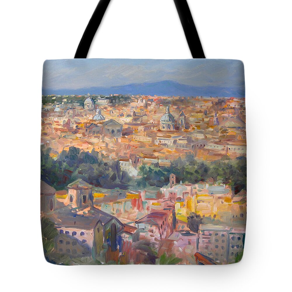 Rome Tote Bag featuring the painting Rome View from Gianicolo by Ylli Haruni
