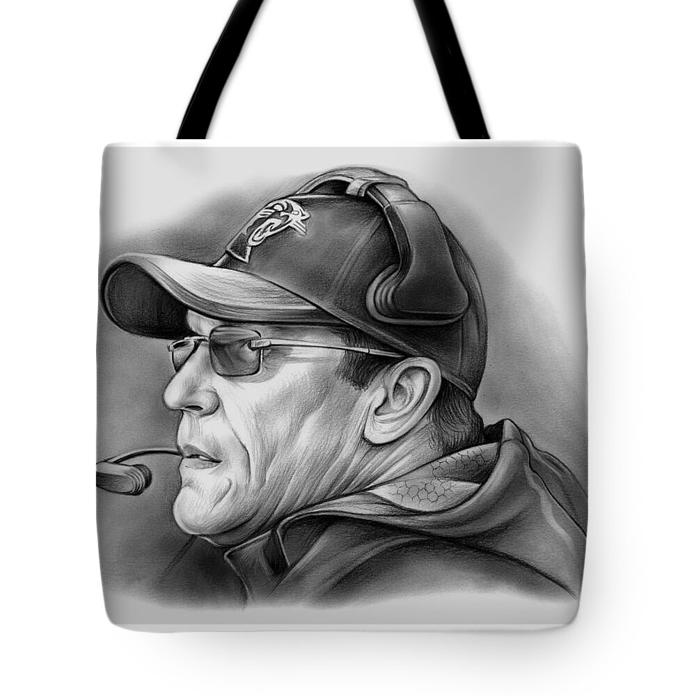 Ron Rivera Tote Bag featuring the drawing Ron Rivera by Greg Joens