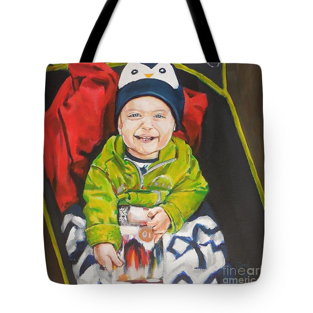 Baby In Kart Tote Bag featuring the painting Ronald Helping Mom Plant Tulip Bulbs by Cami Lee