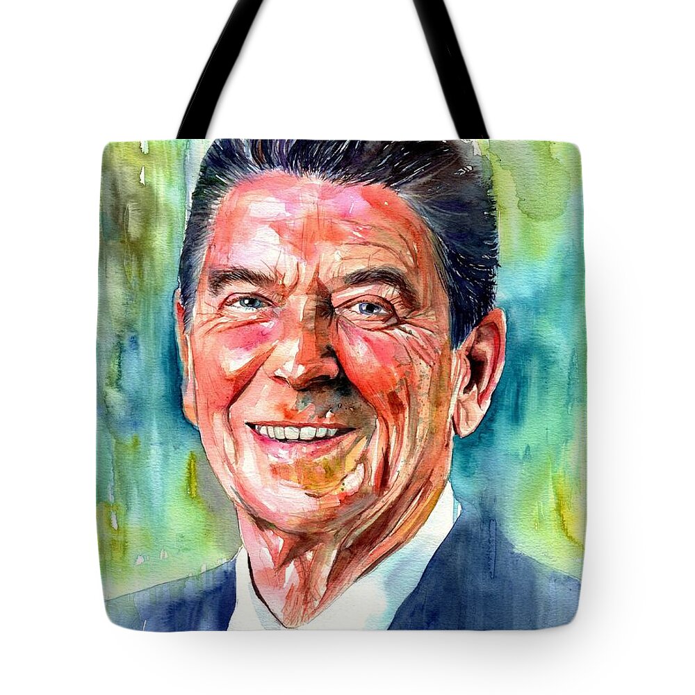 Ronald Tote Bag featuring the painting Ronald Reagan watercolor by Suzann Sines
