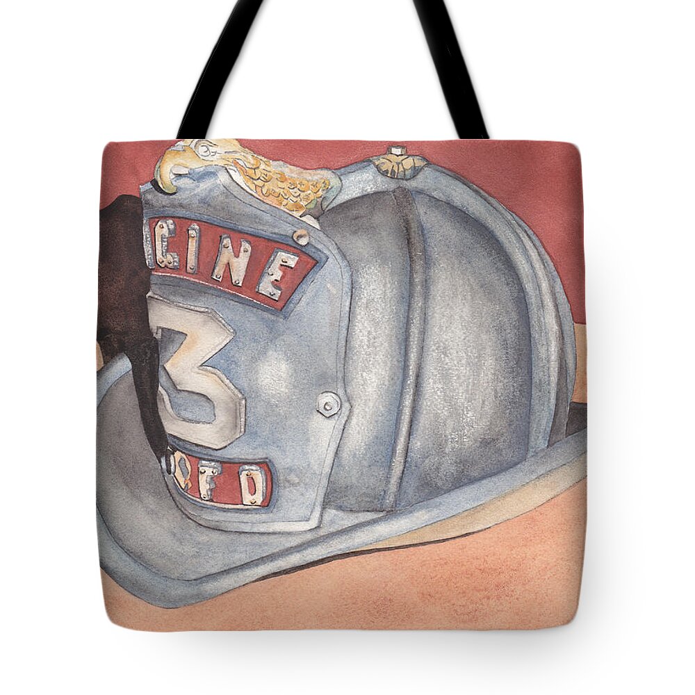 Fire Tote Bag featuring the painting Rondo's Fire Helmet by Ken Powers