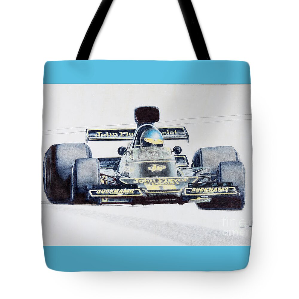 Formula 1 Tote Bag featuring the drawing Ronnie Peterson - Lotus 76 by Lorenzo Benetton