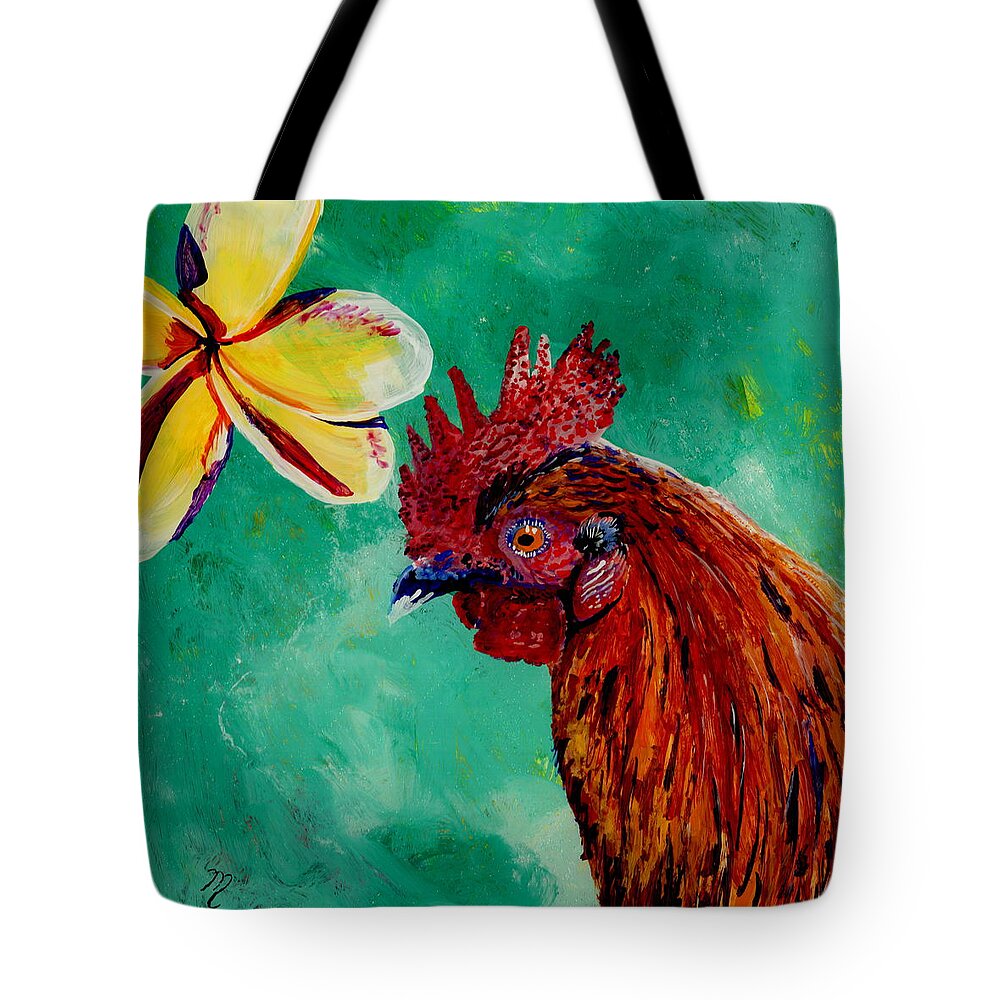 Rooster Art Tote Bag featuring the painting Rooster and Plumeria by Marionette Taboniar