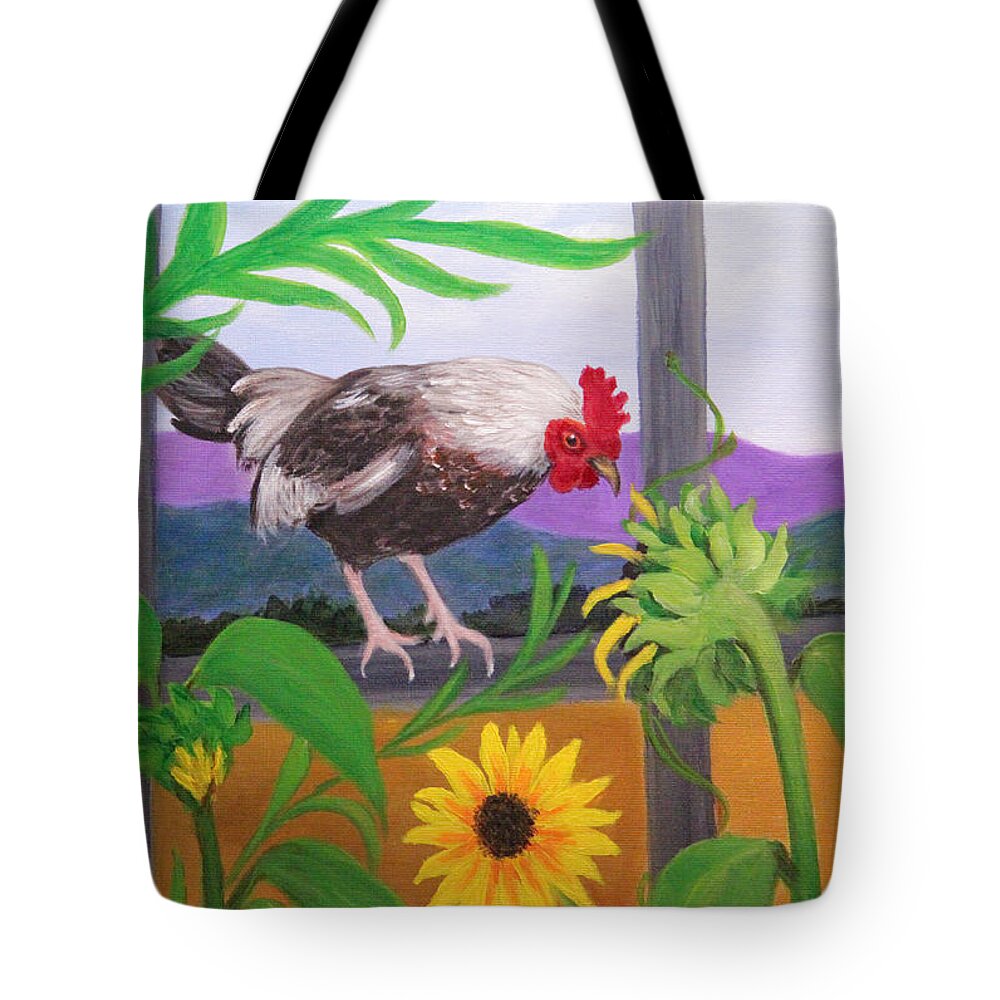 Bantam Rooster Tote Bag featuring the painting Rooster Sampling Sunflowers by Janet Greer Sammons