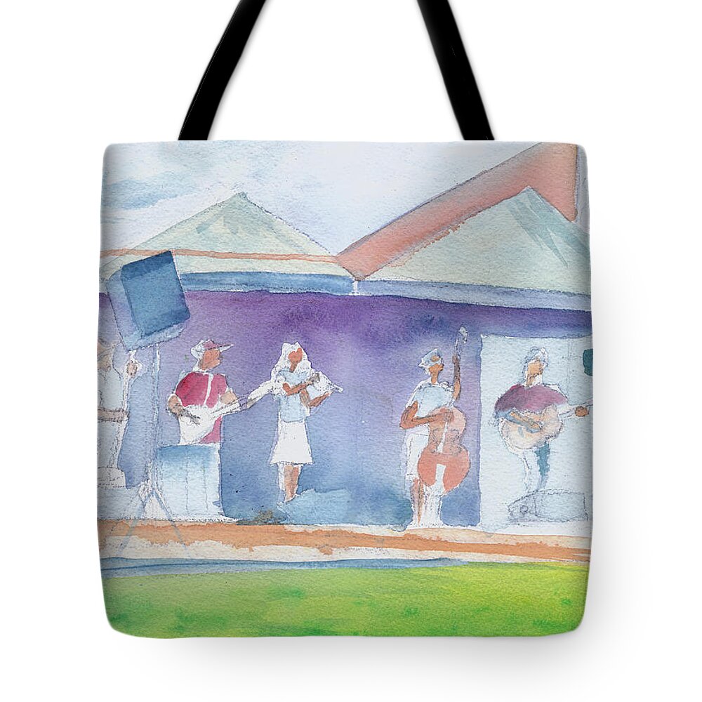 Bluegrass Tote Bag featuring the painting Roots Retreat Bluegrass by David Sockrider