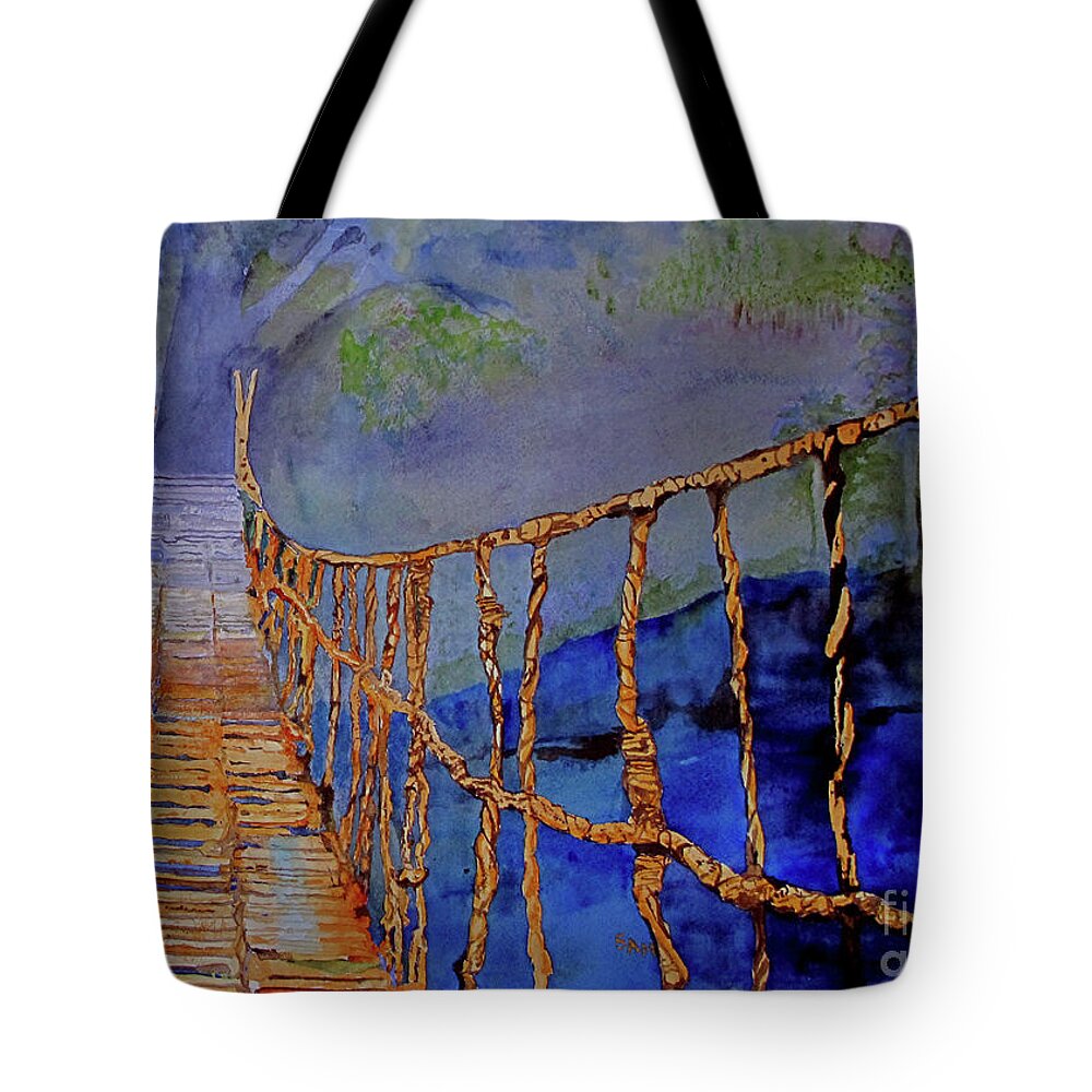 Rope Bridge Tote Bag featuring the painting Rope Bridge by Sandy McIntire