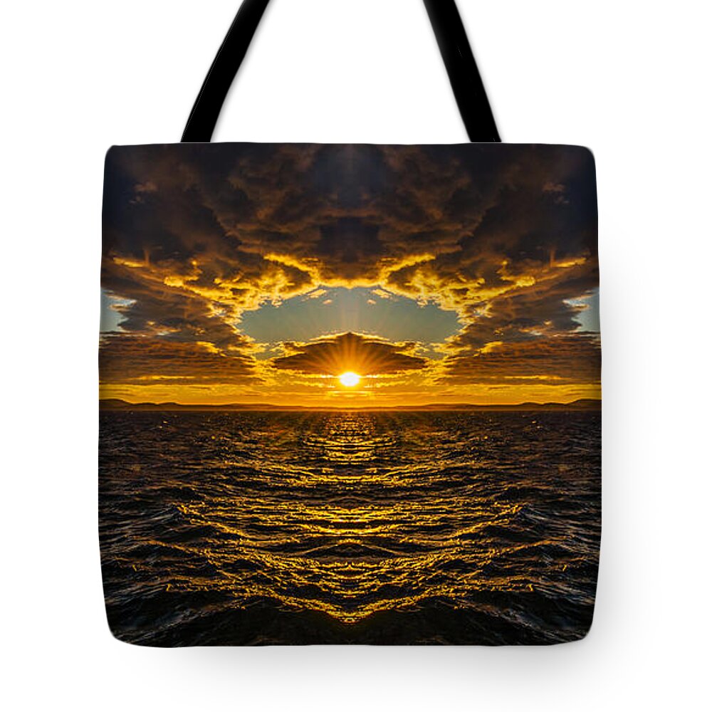 America Tote Bag featuring the digital art Rosario Strait Sunset Reflection by Pelo Blanco Photo