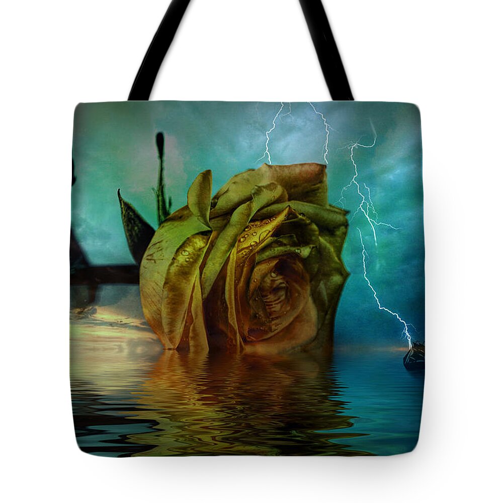 Rose Tote Bag featuring the digital art Rose and storm fantasy by Lilia S
