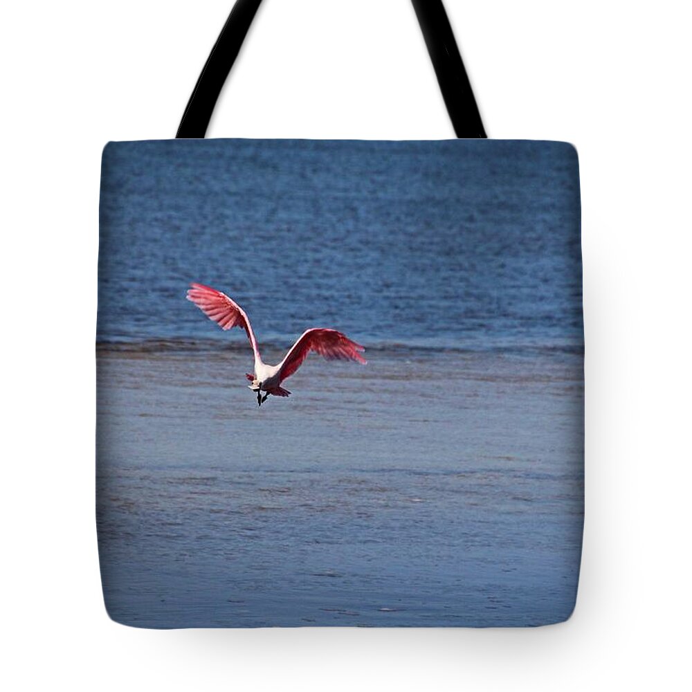 Roseate Spoonbill Tote Bag featuring the photograph Roseate Spoonbill in Flight IV by Michiale Schneider