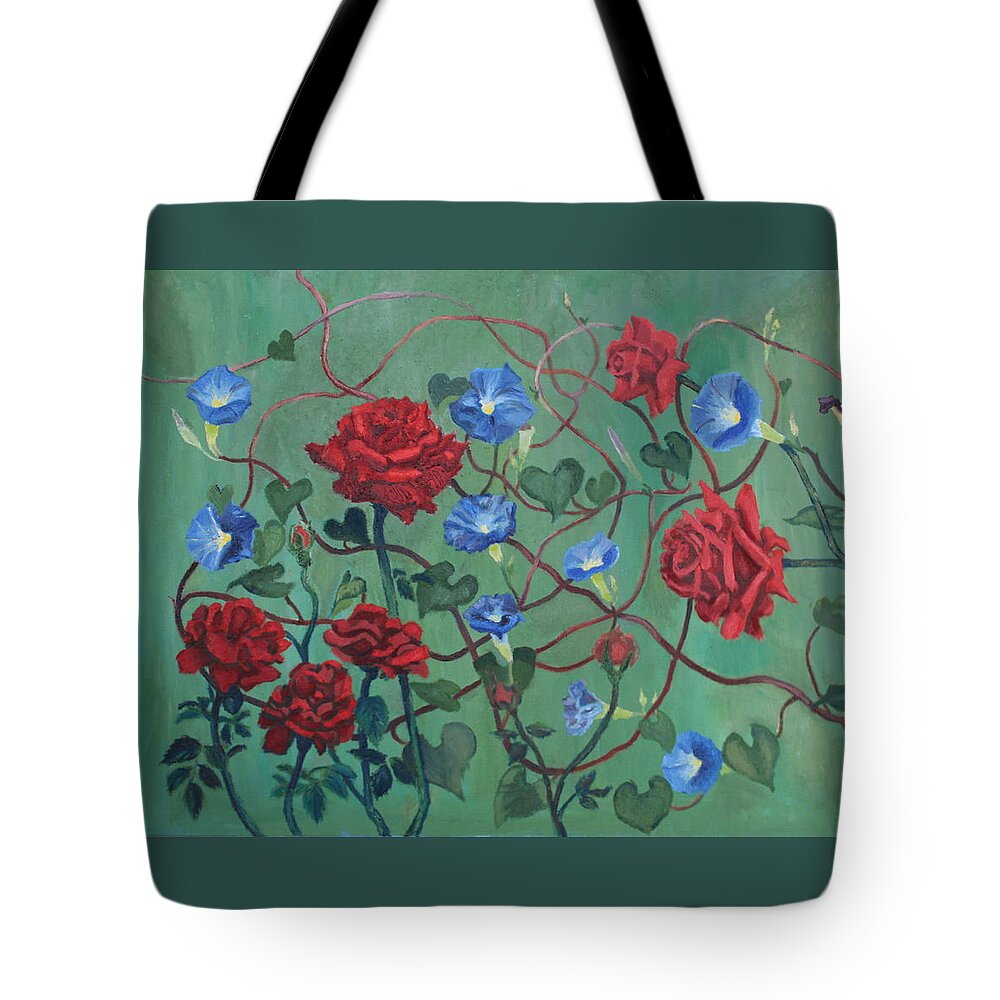 Roses Tote Bag featuring the painting Roses and Morning Glories by Vera Smith