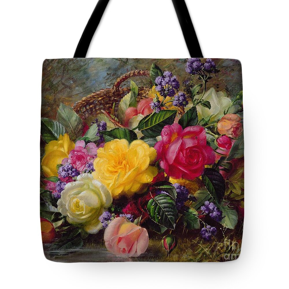 Rose; Flower; Reflection; Flowers; Pink; Yellow; White; Roses; Basket; Water; Grass; Grassy; Grassy Bank; Pond Tote Bag featuring the painting Roses by a Pond on a Grassy Bank by Albert Williams
