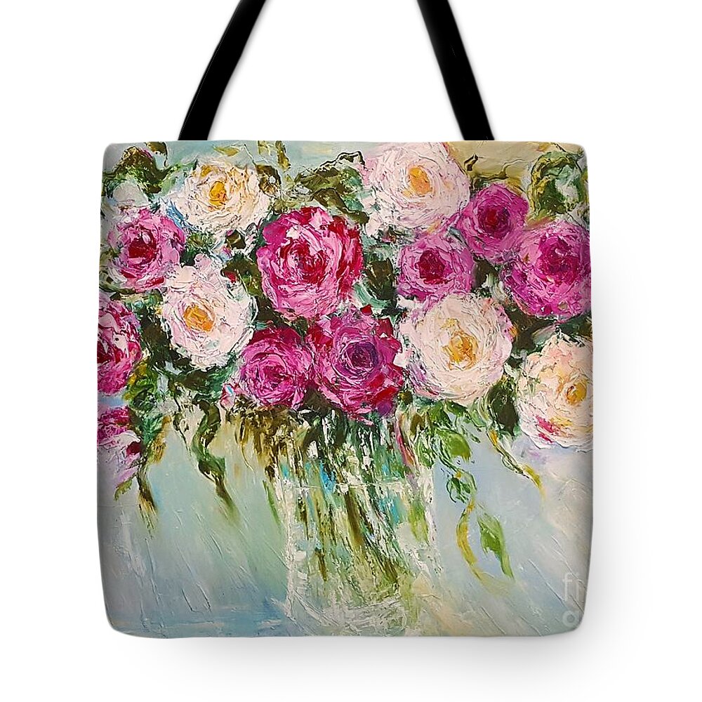 Rose Tote Bag featuring the painting Roses in Pink and White by Amalia Suruceanu