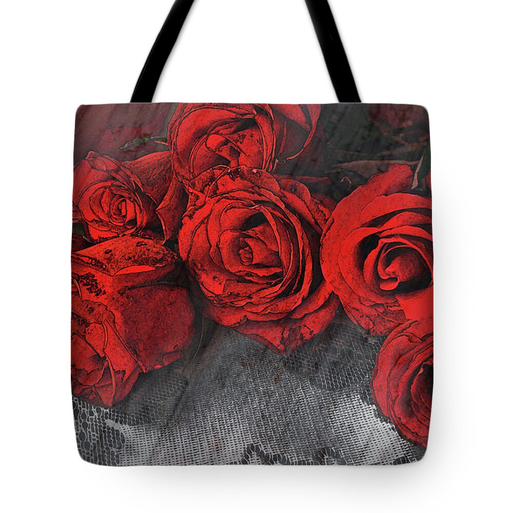 A Photo Of Red Roses Lying On A Lace Scarf With Texture Applied. Tote Bag featuring the photograph Roses on Lace by Bonnie Willis