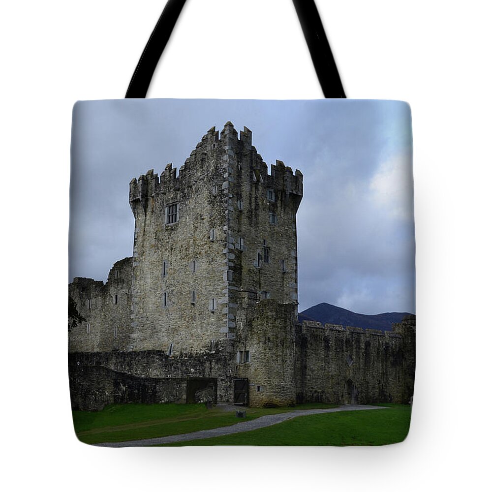 Ross-castle Tote Bag featuring the photograph Ross Castle Ruins in Killarney Ireland on a Cloudy Day by DejaVu Designs