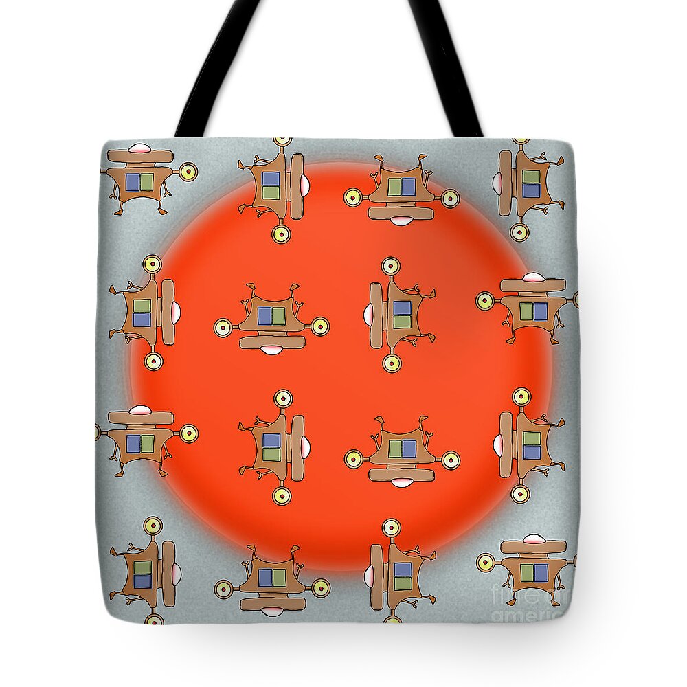 Robots Tote Bag featuring the digital art Rotating Robots Pattern - JET-PAQ by Uncle J's Monsters