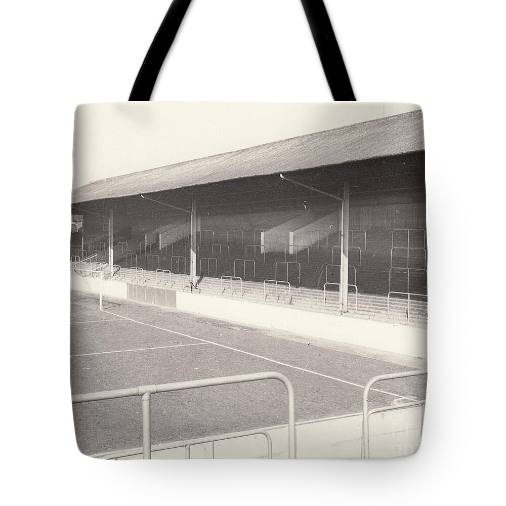  Tote Bag featuring the photograph Rotherham - Millmoor - Railway End 1 - BW - April 1970 by Legendary Football Grounds