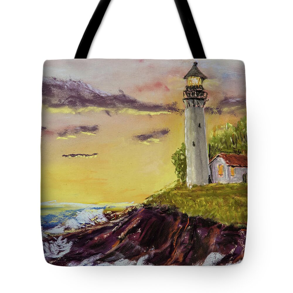 Lighthouse Tote Bag featuring the painting Rough Seas at Sunset by Barry Jones