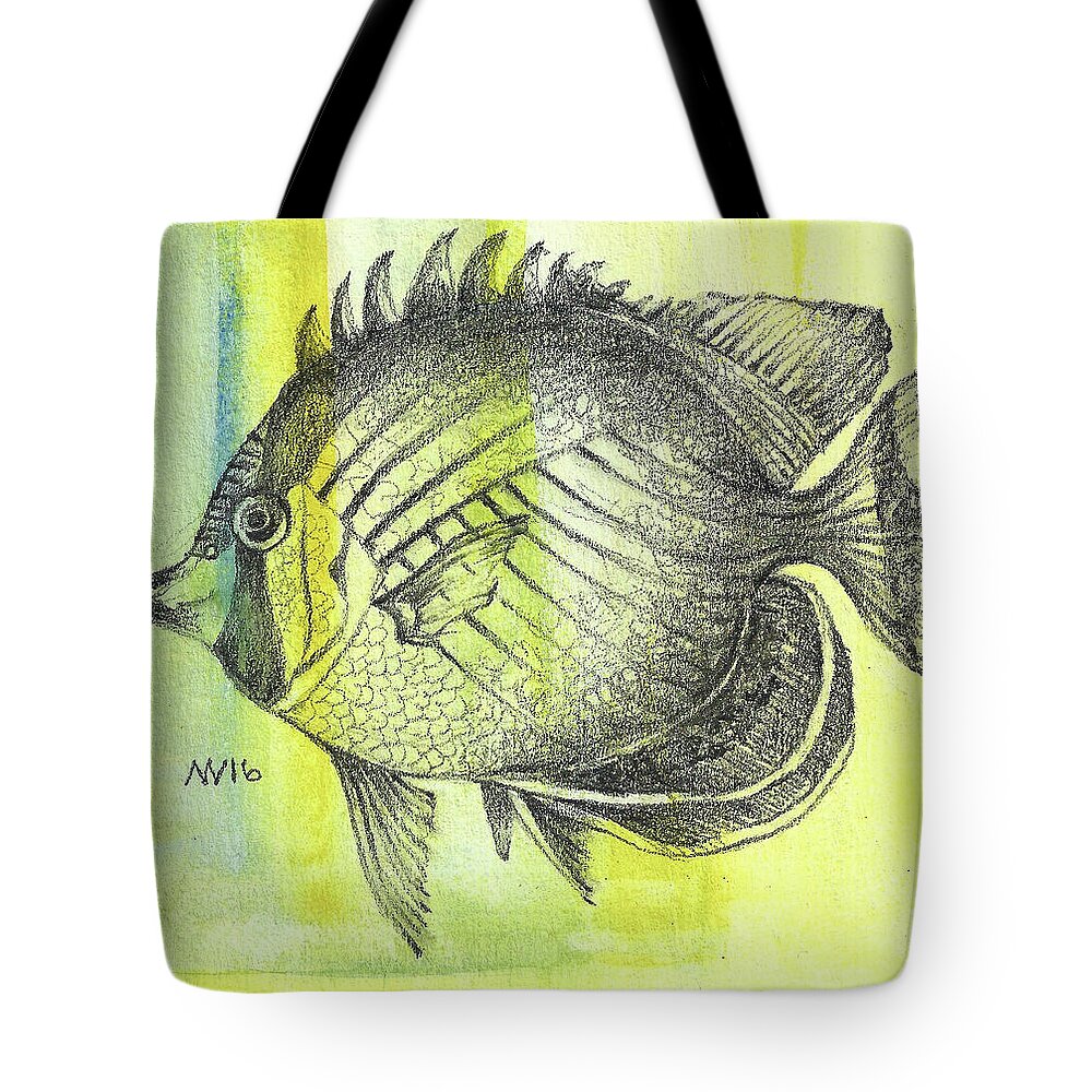 Fish Tote Bag featuring the mixed media Round Fish by AnneMarie Welsh
