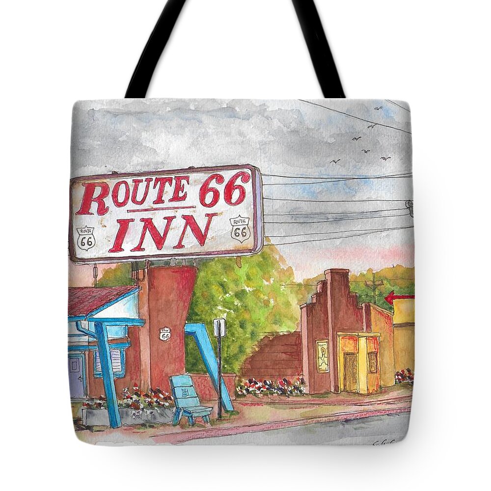 Route 66 Inn Tote Bag featuring the painting Route 66 Inn in Amarillo, Texas by Carlos G Groppa