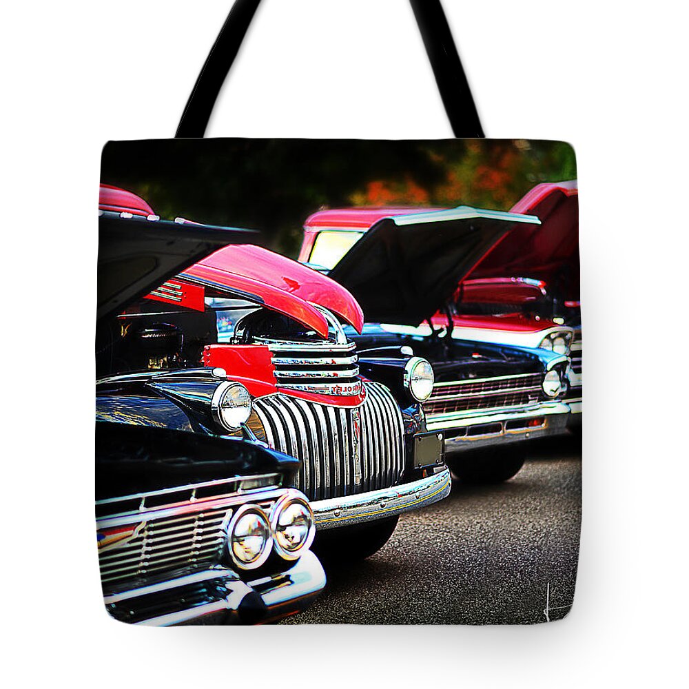 Car Tote Bag featuring the photograph Row of Classic Cars by Lisa Lambert-Shank