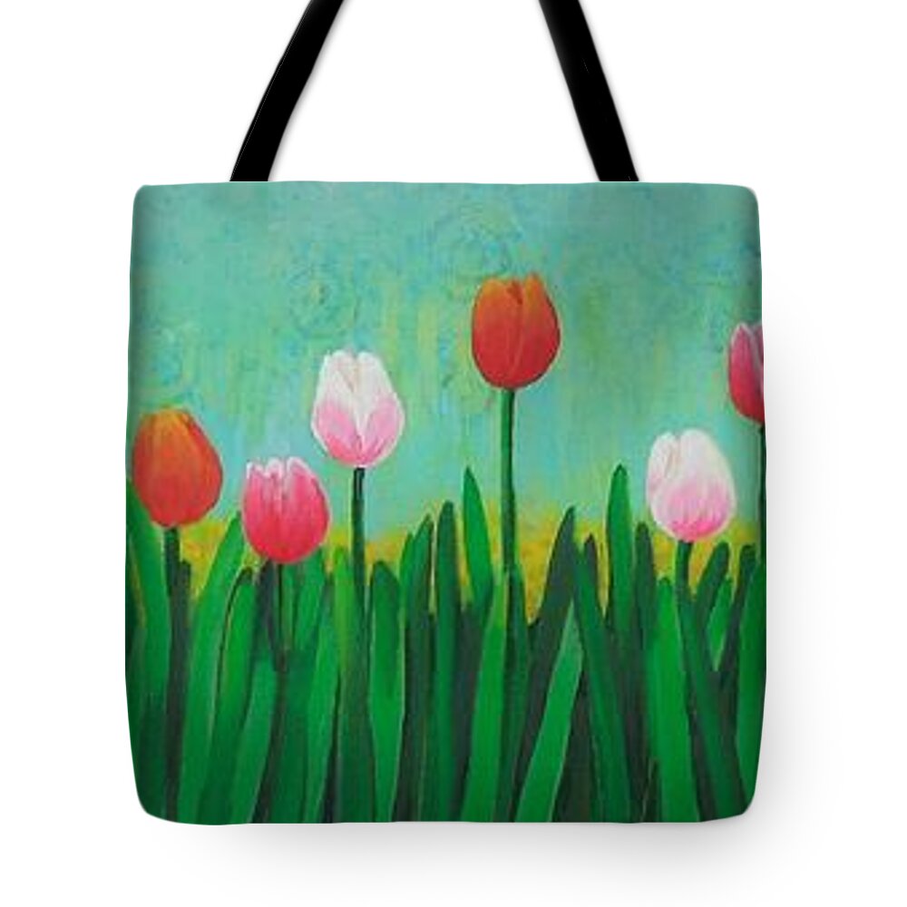 Tulips Tote Bag featuring the painting Row of tulips by Cami Lee
