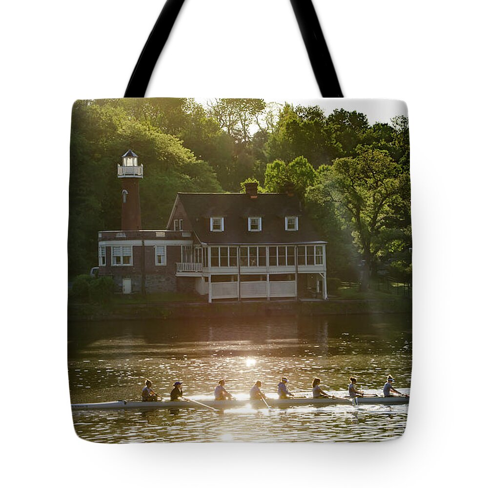 Rowing Tote Bag featuring the photograph Rowing in Front of Segley Club by Bill Cannon