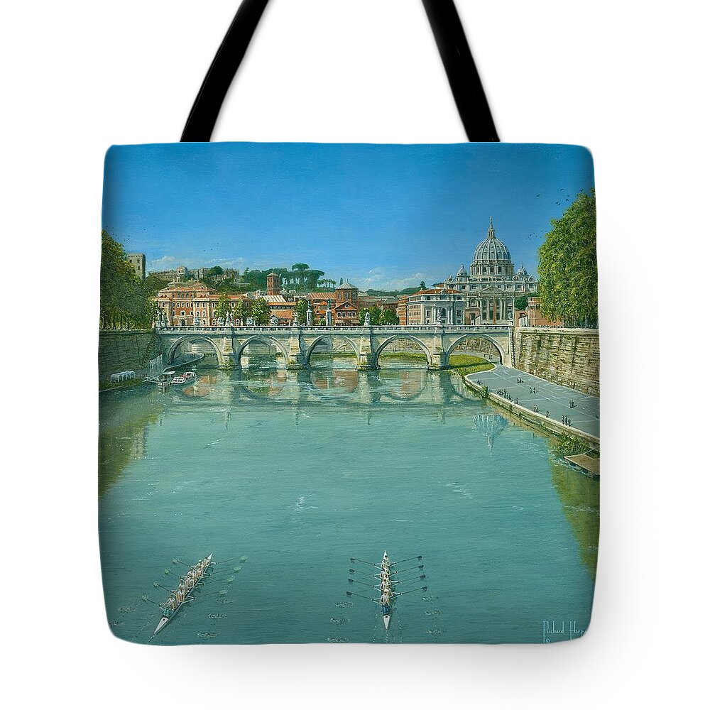 Landscape Tote Bag featuring the painting Rowing on the Tiber Rome by Richard Harpum