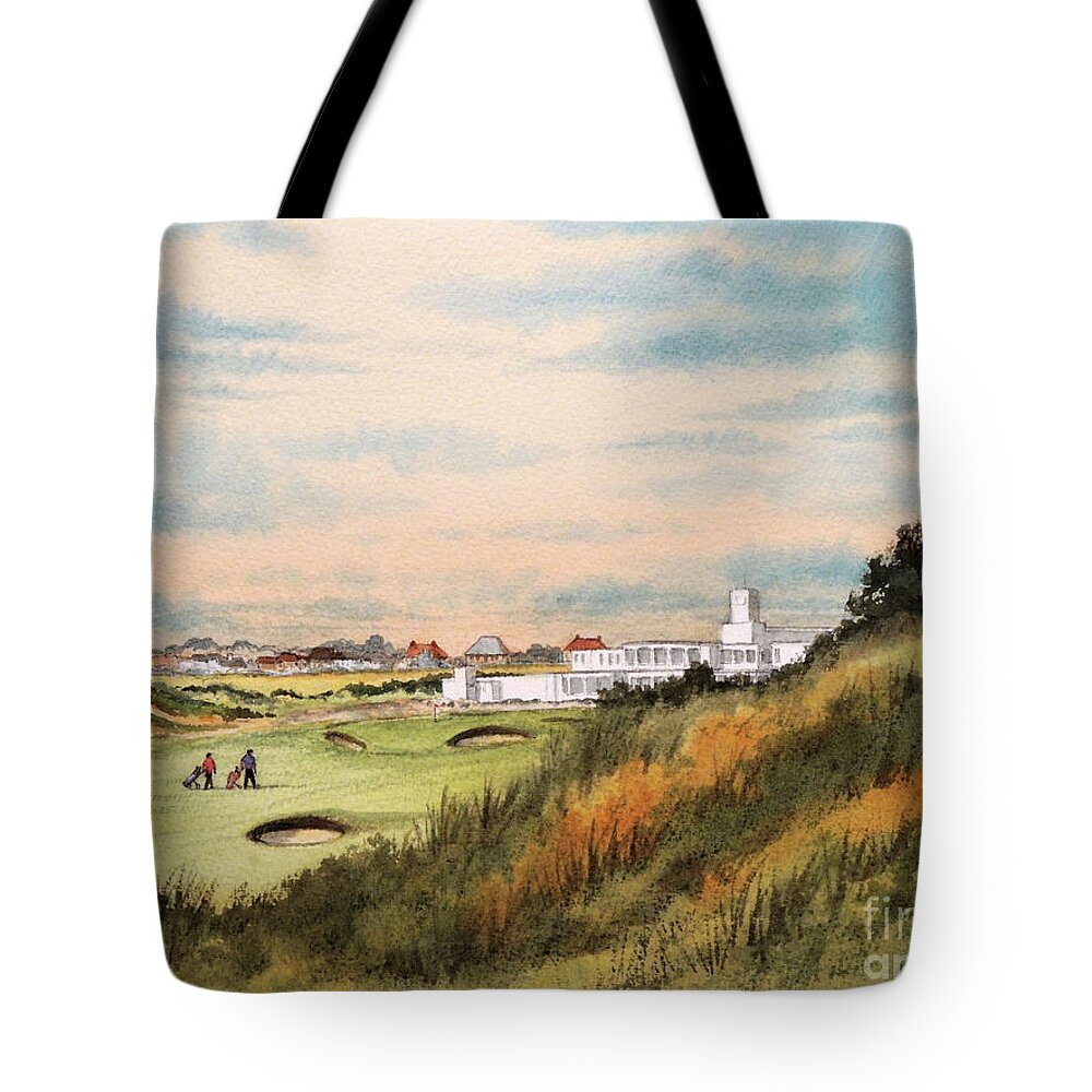 Royal Birkdale Golf Course Tote Bag featuring the painting Royal Birkdale Golf Course 18th Hole by Bill Holkham