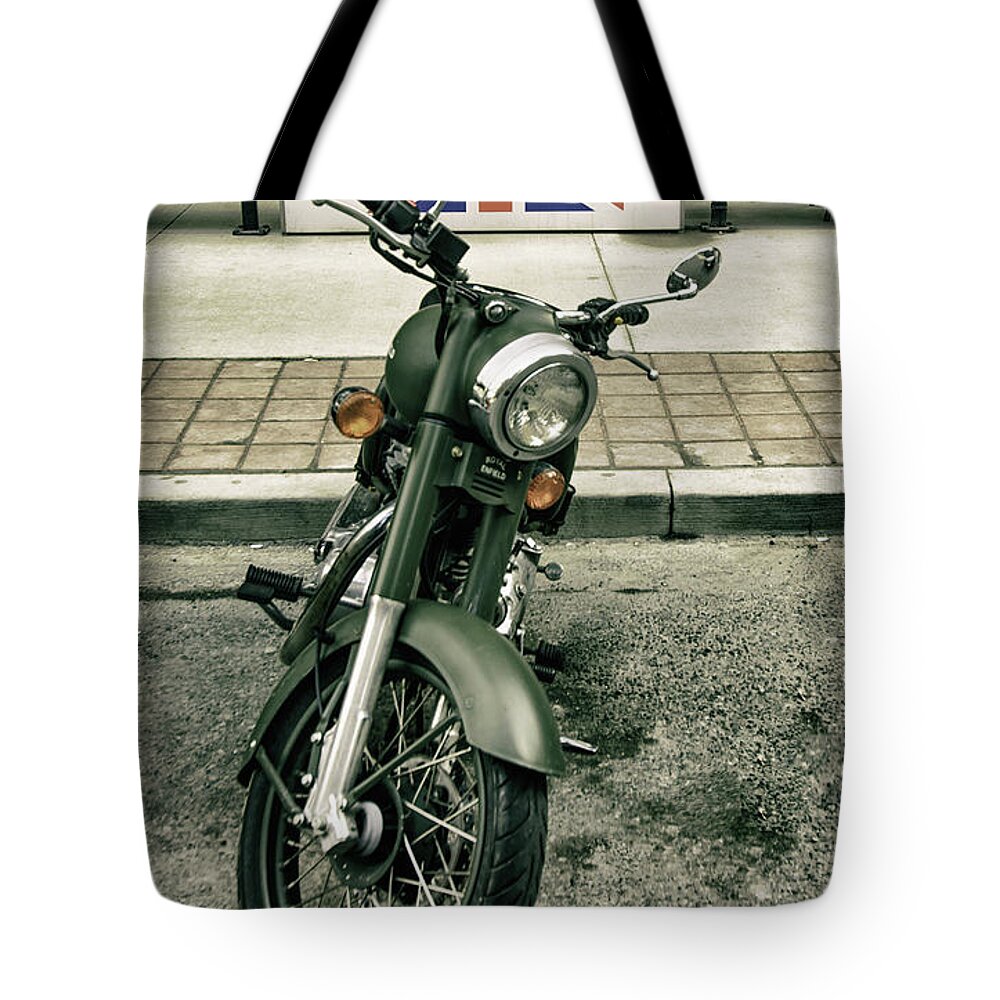 Royal Enfield Tote Bag featuring the photograph Royal Enfield, Made like a Gun. by James Canning