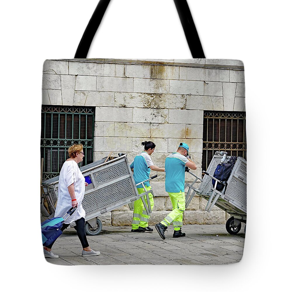 Rubbish Tote Bag featuring the photograph Rubbish Collection Personnel In Venice, Italy by Rick Rosenshein