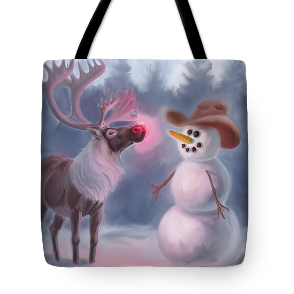 Rudolph Tote Bag featuring the digital art Rudolph Meets Frosty by David Burgess