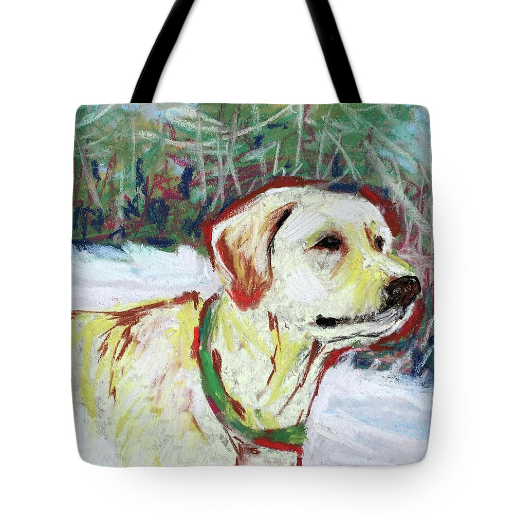 Yellow Lab Tote Bag featuring the pastel Rudy by AnneMarie Welsh