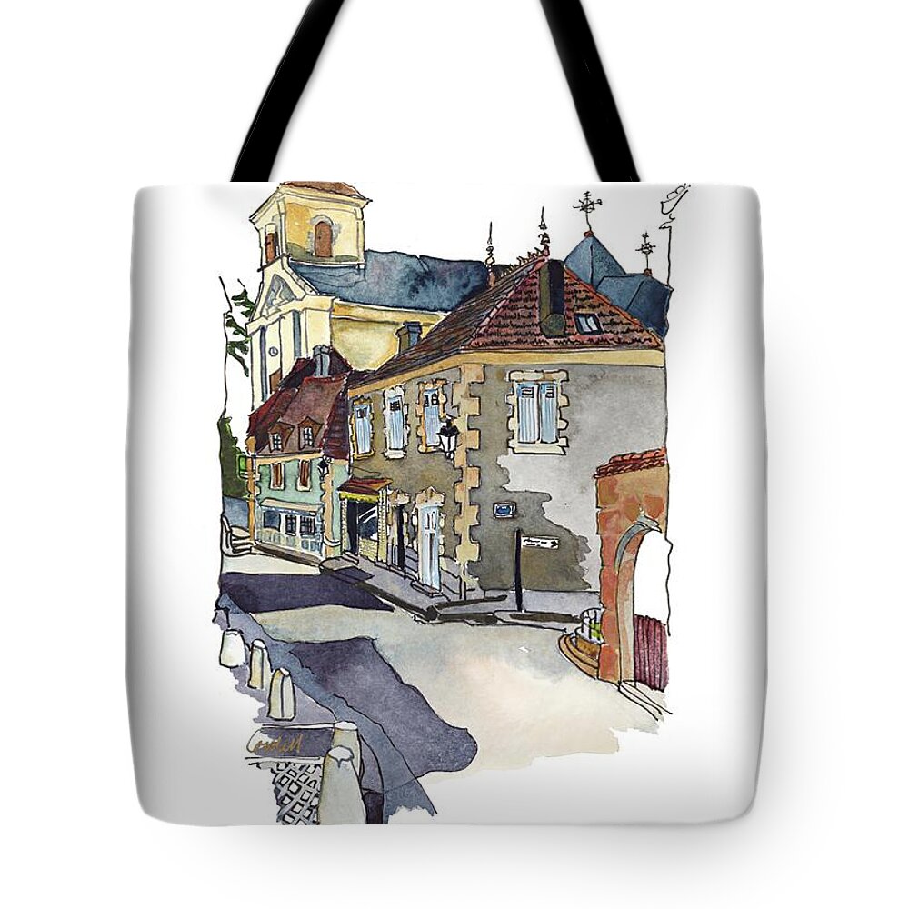 Dordogne Village Tote Bag featuring the painting Rue Font St Jean, Ste Alvere, Dordogne by Joan Cordell
