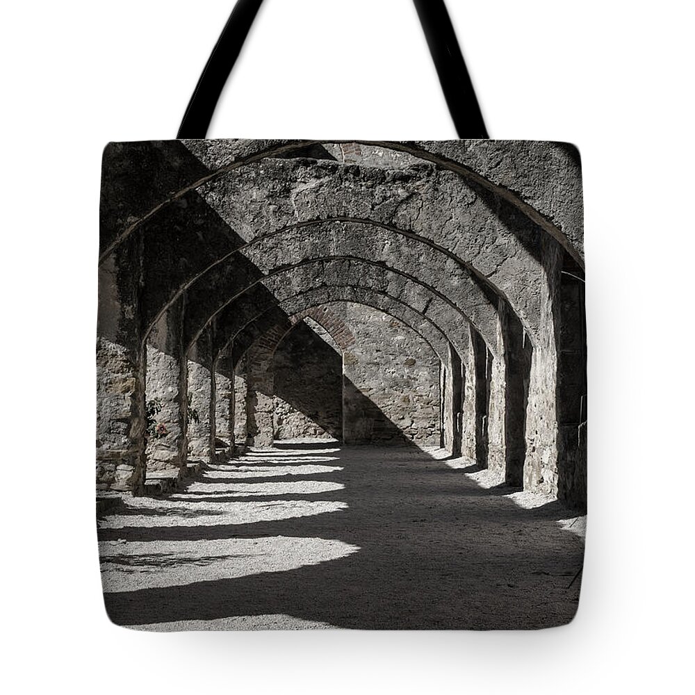 Mission Tote Bag featuring the photograph Ruins Of San Jose-Black and White by Shanna Hyatt