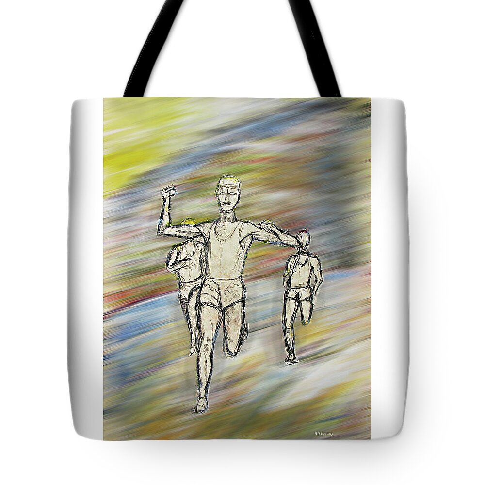 Running Tote Bag featuring the painting Runners by Tom Conway