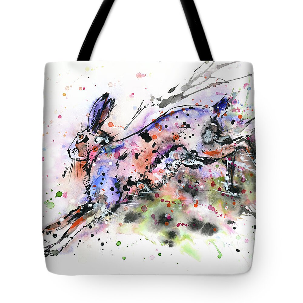 Hare Tote Bag featuring the painting Running Hare by Zaira Dzhaubaeva