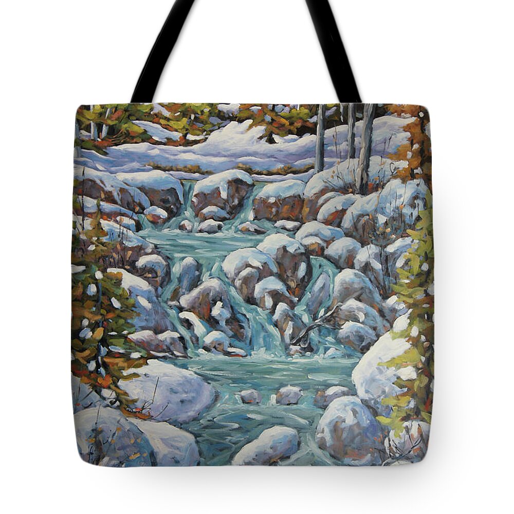 30x24x1.5 Tote Bag featuring the painting Running River Spring Melt created by Richard T Pranke by Richard T Pranke