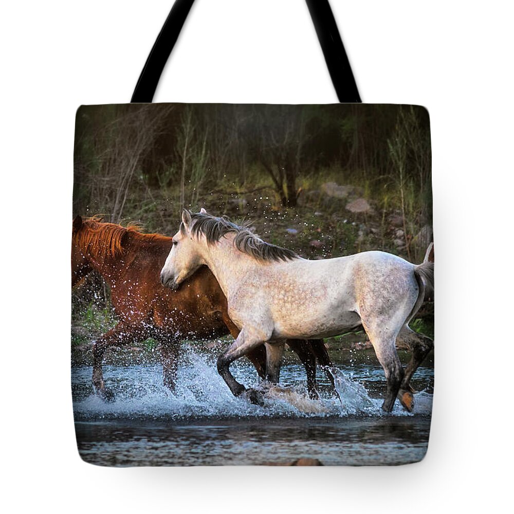 Wild Horses Tote Bag featuring the photograph Running Wild On The River by Saija Lehtonen