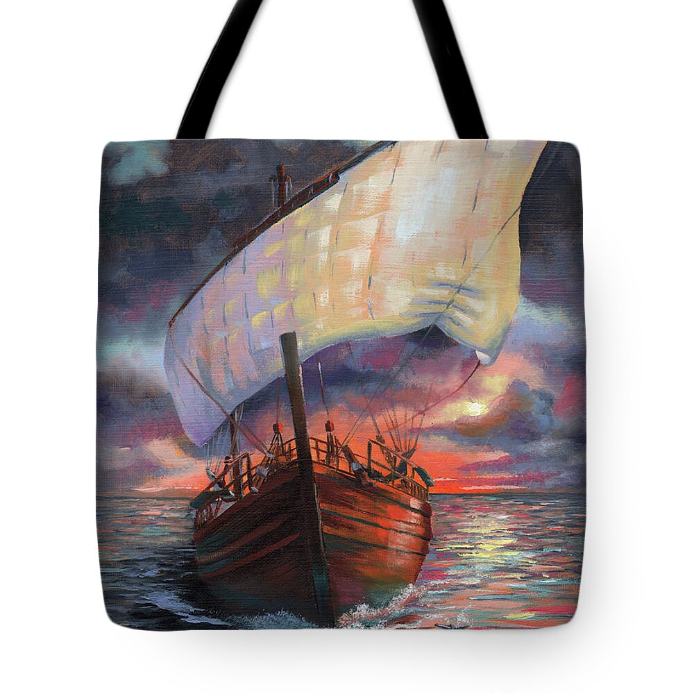Ship Tote Bag featuring the painting Running with the Dolphins at Sunset by David Bader