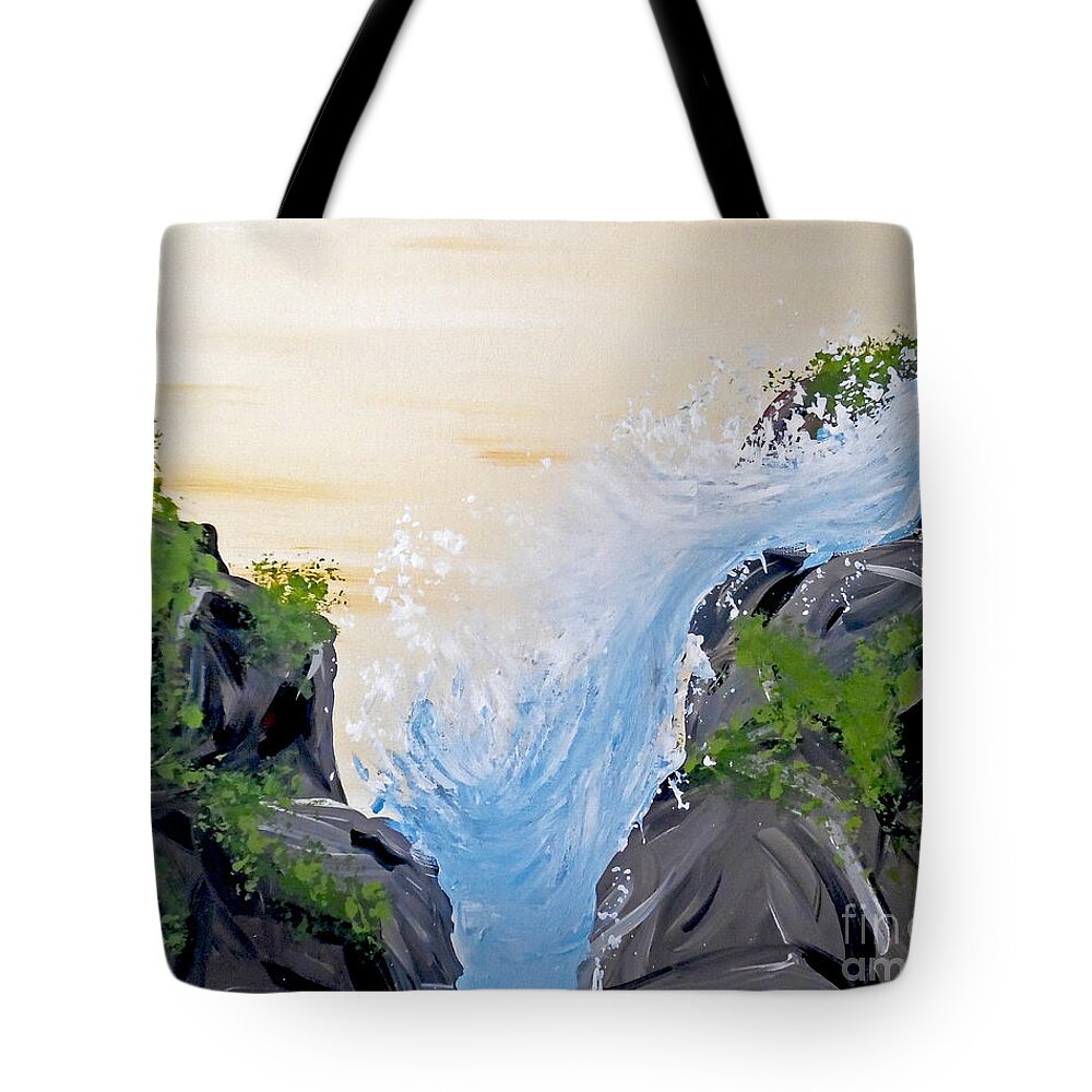 Waterfall Landscape Tote Bag featuring the painting Rushing Water by Jilian Cramb - AMothersFineArt