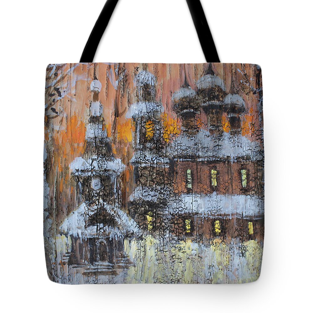 Russia Tote Bag featuring the painting Russian Church under Snow by Ilya Kondrashov