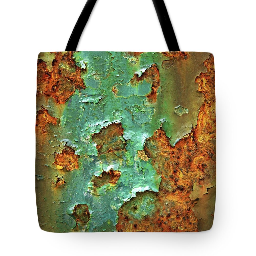 Industrial Chic Tote Bag featuring the photograph Rust and Deep Aqua Blue Abstract by Brooke T Ryan