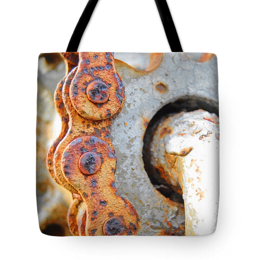 Train Tote Bag featuring the photograph Rusted Chain by Nathan Little