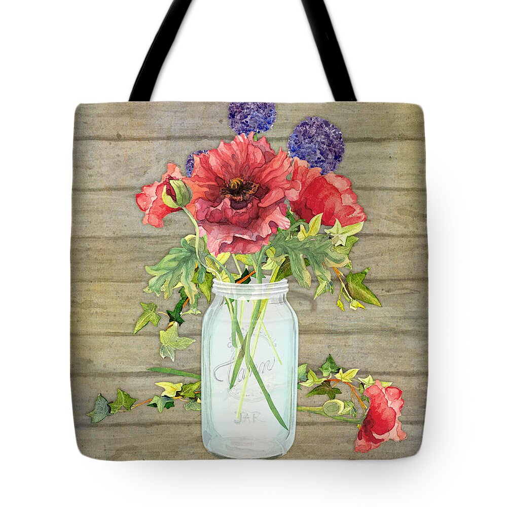 Watercolor Tote Bag featuring the painting Rustic Country Red Poppy w Alium n Ivy in a Mason Jar Bouquet on Wooden Fence by Audrey Jeanne Roberts